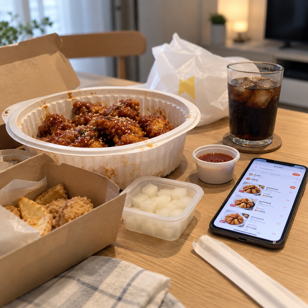 배달음식과 배달앱 화면이 켜진 스마트폰이 놓인 식탁