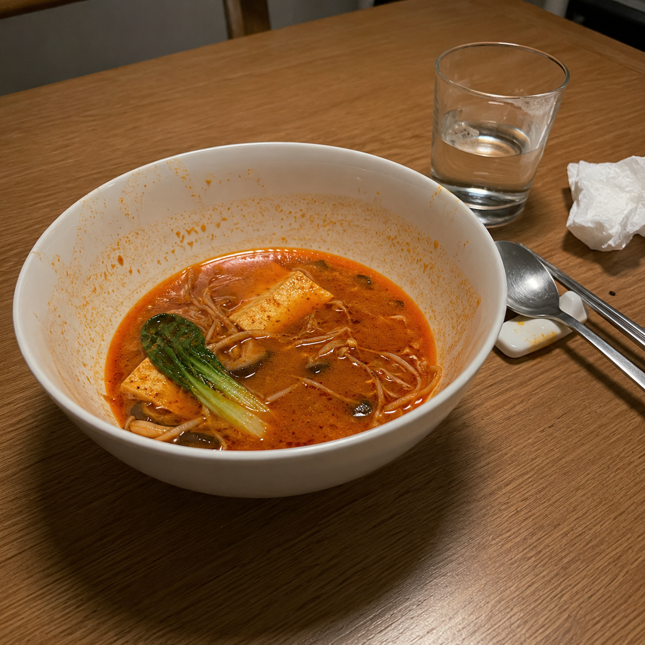마라탕을 먹고 난 뒤 국물이 남아 있는 식탁