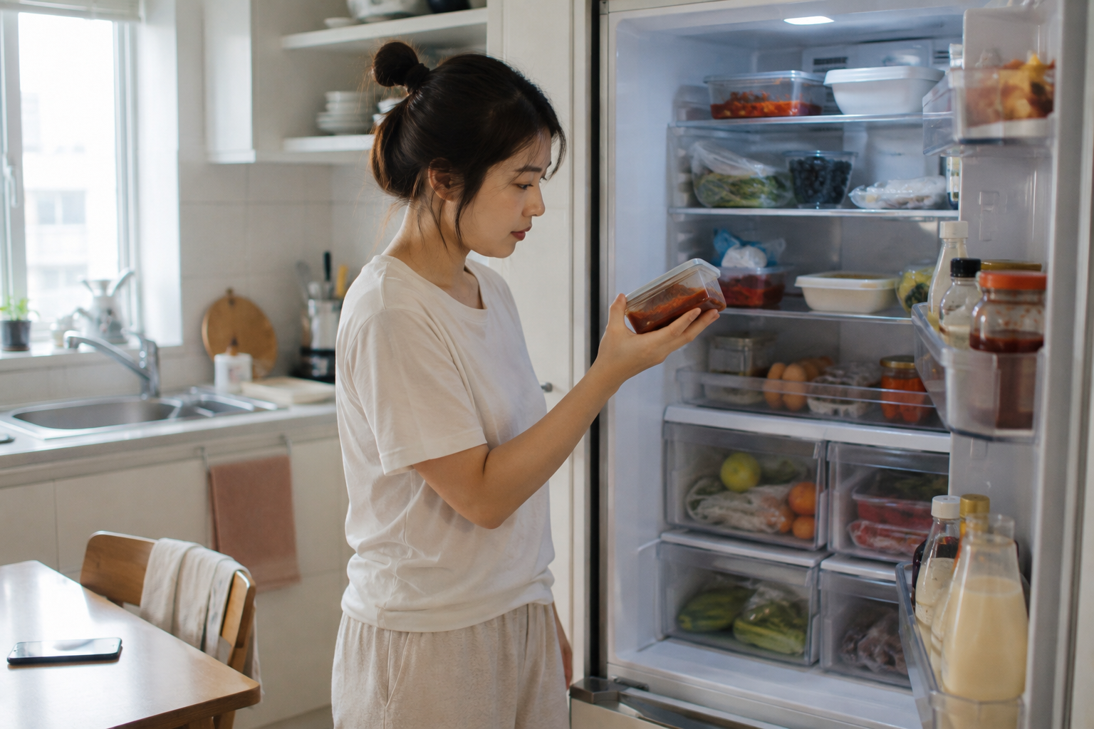 냉장고 문을 열고 반찬통을 확인하는 30대 여성